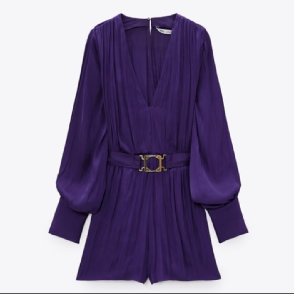 NWT ZARA purple satin effect romper with belt sz S